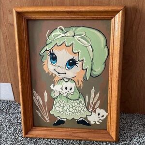 Vintage 1960/70 Paint by number Big Eyed Girl Wooden Frame